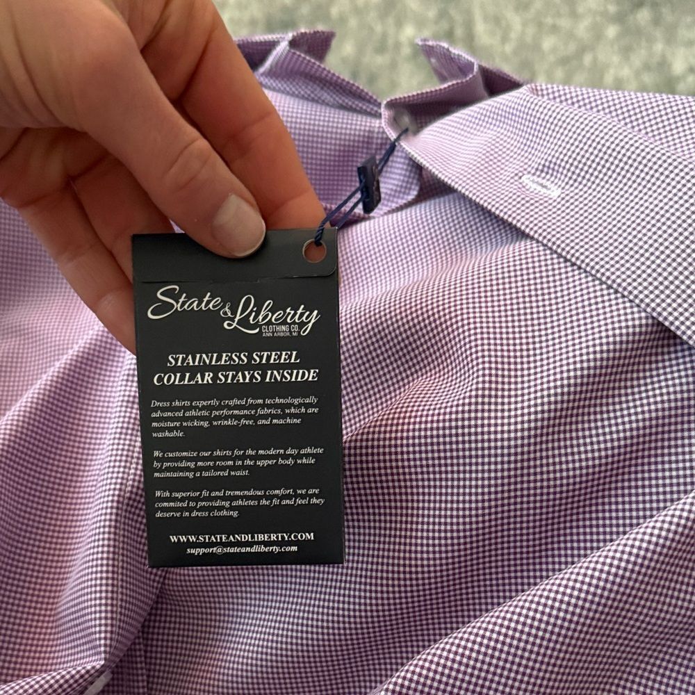 NWT State Liberty Mens Purple Checkered Athletic Fit Dress Shirt Sz M - Picture 3 of 7